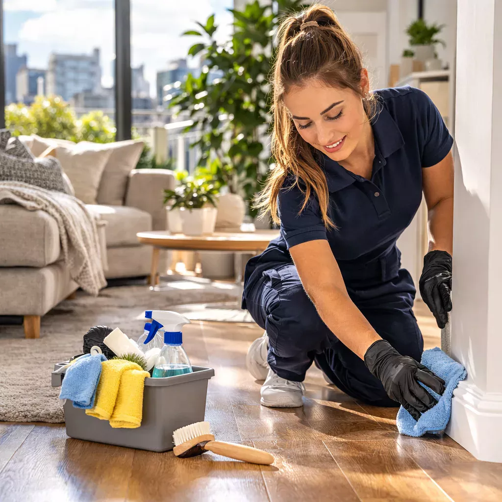 Cleaner from K’s Elite Cleaning detail-cleaning baseboards and hardwood floors in a Cape Coral living room